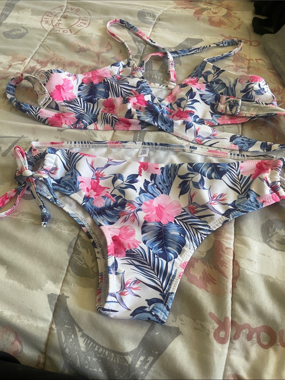 Girls Floral Two-Piece Swim Set in Pink & Blue